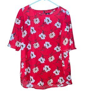 Bobeau Womens Floral Print Red Blouse Size S with Bell Sleeves & Round Neckline